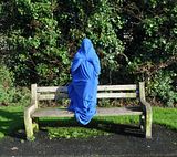 Blue monster spotted on park bench