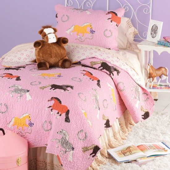 TWIN FULL QUEEN PINK PONY HORSE QUILT COMFORTER PILLOW SHAM COWGIRL