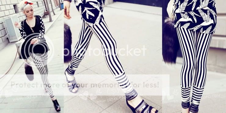 Women Fashional White Black Stripe Tights Leggings GC3  