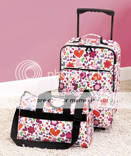 2PC LUGGAGE ROLLING SUITCASE TOTE BAG NEW GIRL HEART FLOWER SLEEPOVER 