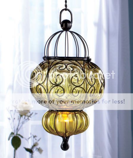 Hanging Metal Blown Glass Pendant LED Tea Light Candle Lantern Lamp Chandelier